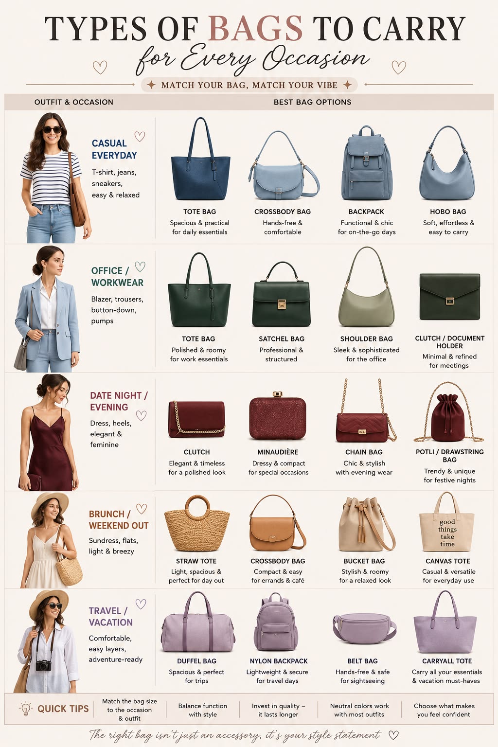 Bag outfit guide for casual, office, evening, weekend and travel styling