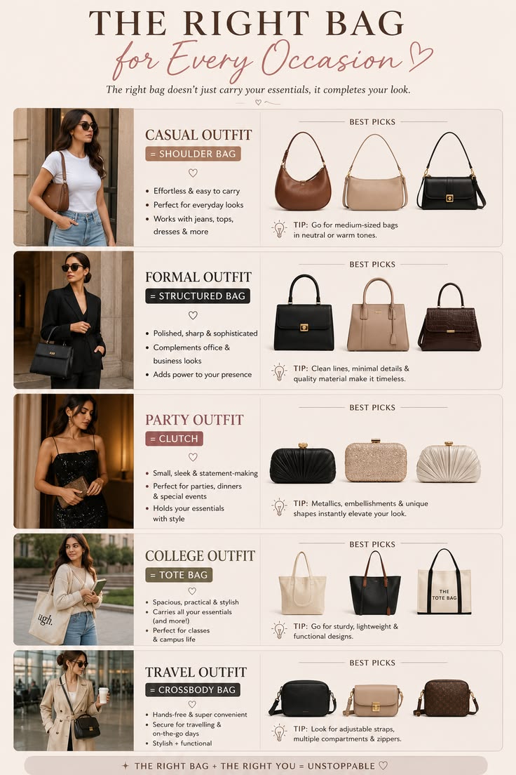 Outfit guide matching shoulder, structured, clutch, tote and crossbody bags to different occasions