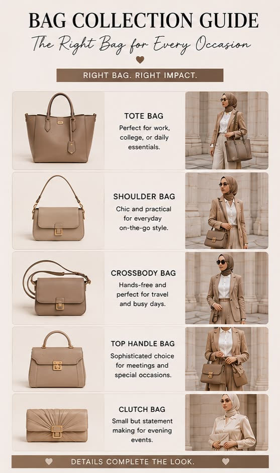 Bag collection guide for tote, shoulder, crossbody, top-handle and clutch styles