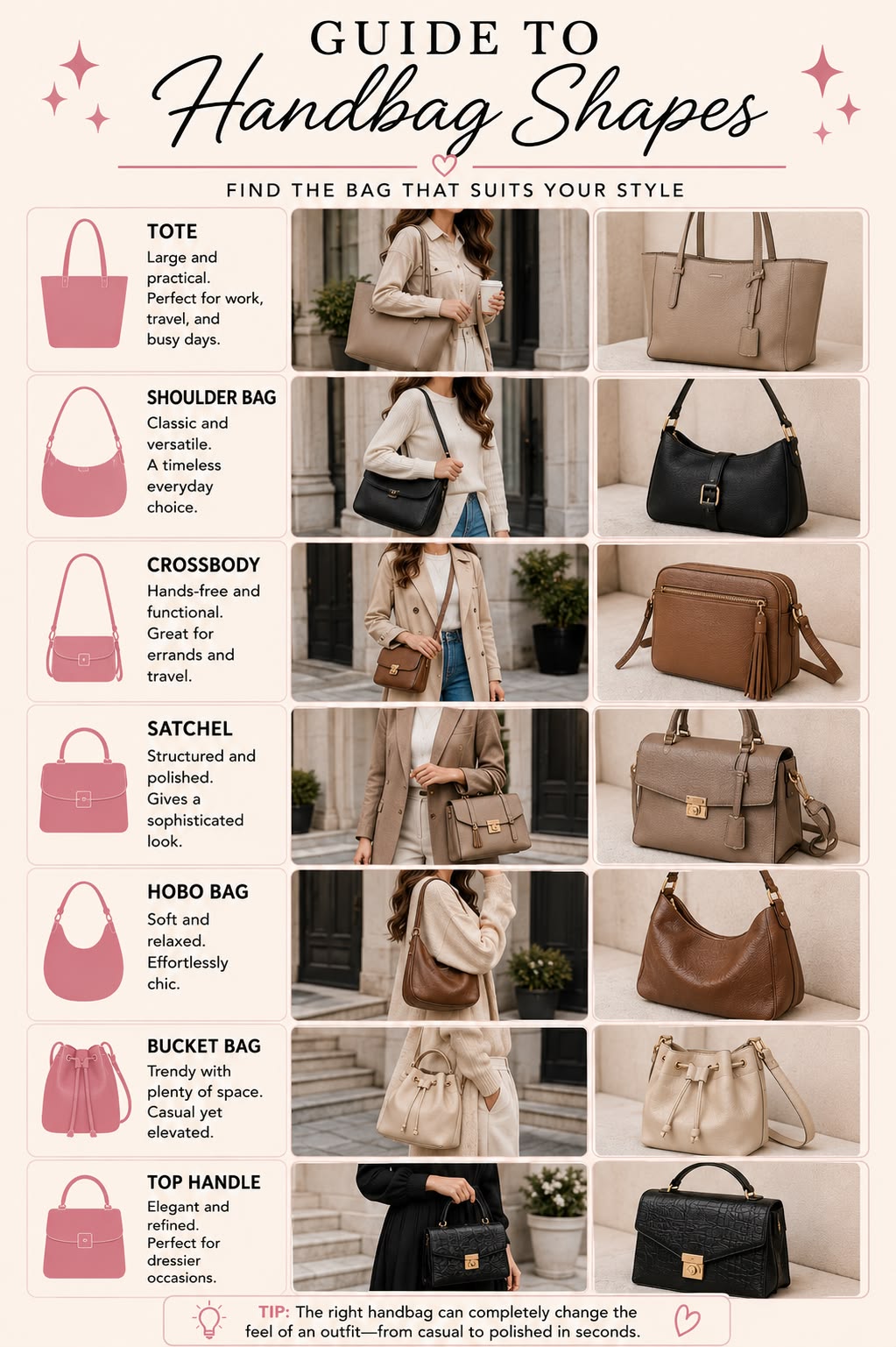 Visual guide to tote, shoulder, crossbody, satchel, hobo, bucket and top-handle bag shapes