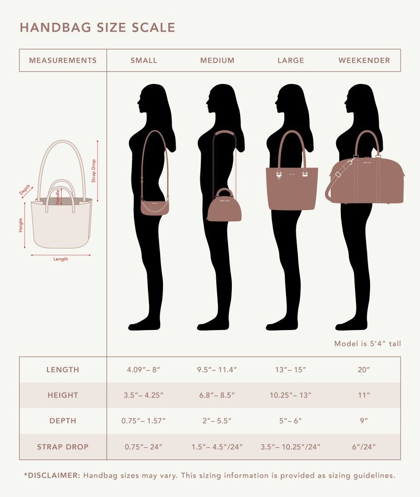 Handbag size scale showing small, medium, large and weekender proportions